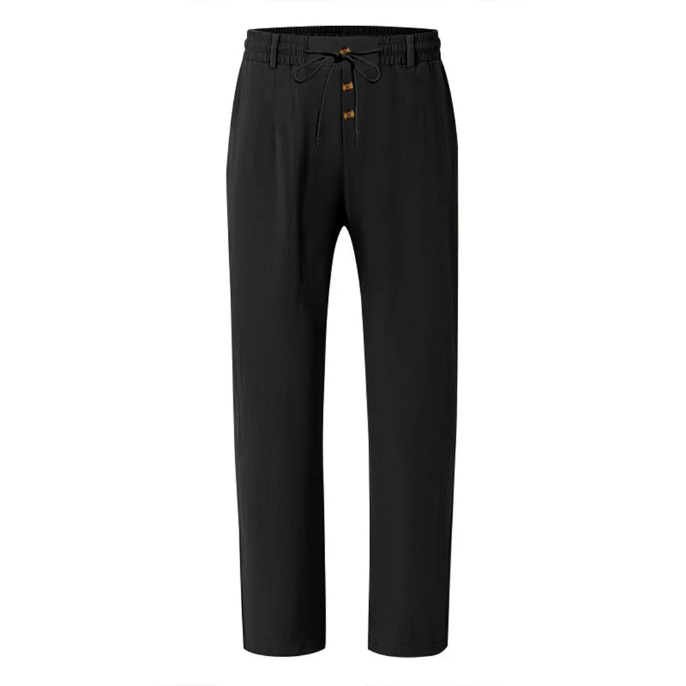 Autumn New Men's Cotton Pants Solid Color Button Drawstring Design Casual Loose Fit Cozy Trousers Simple Style Long Pants