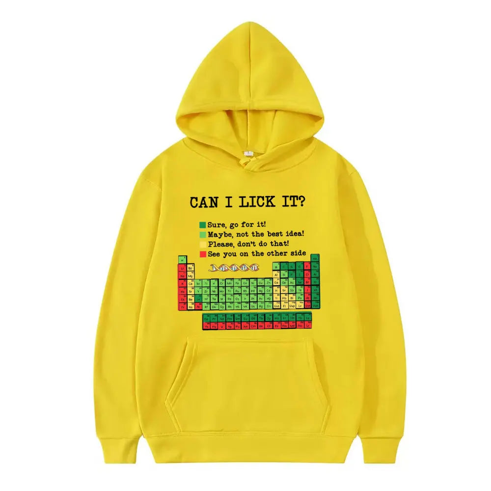 Funny Periodic Table“Can I Lick It? Chemistry Print Hoodie Men Women Casual Hoodies Long Sleeves Hip Hop Vintage Sweatshirts Top