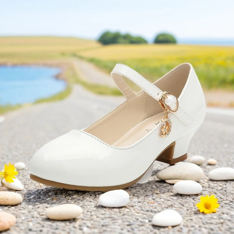Children Girls Leather Shoes White Princess High Heel Shoes For Kids Girls Performance Dress Student Show Dance Sandals 28-41