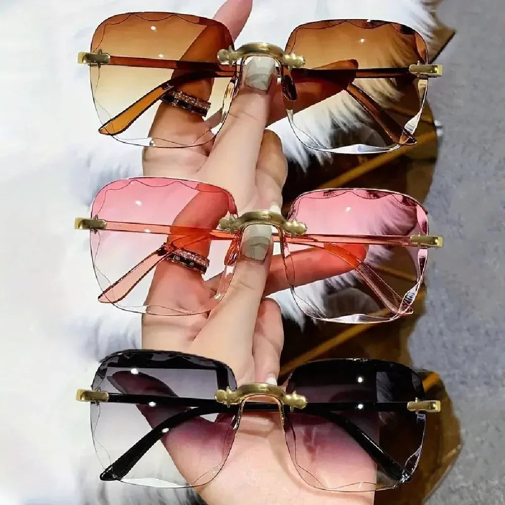 Square Rimless Sunglasses Women Luxury Brand Designer Summer Red Glasses Fashion Sun glasses For Men UV400 Shades Oculos