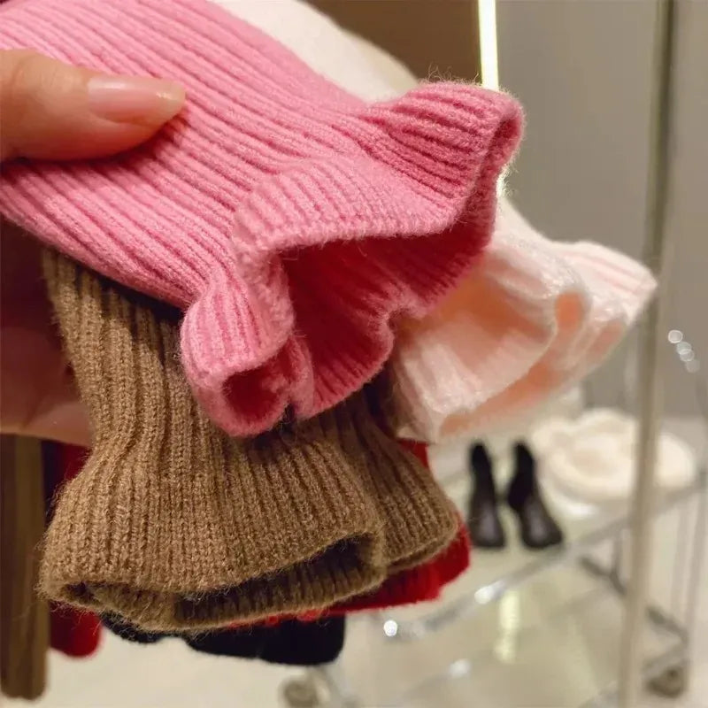 Kids Girls Ruffle Sweaters New Children Thin Knitted Tops Autumn Winter Cotton Pullovers Pink Turtleneck Tops Korean Style Warm