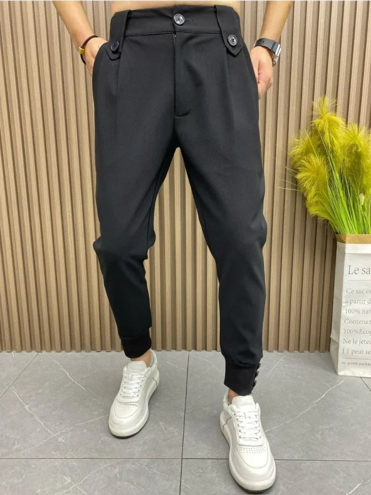 Slim Fit Plus Big Size Tressed Men's Summer Pants 9 Cropped Male Suit Trousers Korean Style Clothes Slacks 2025 Formal Luxury