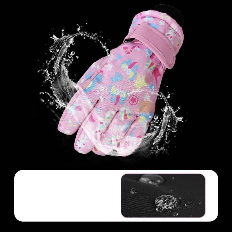 New Children Ski Gloves Girls Warm-Keeping Cartoon Pink Gloves Boys Cotton Waterproof Touchscreen Sports Gloves 9-15Y