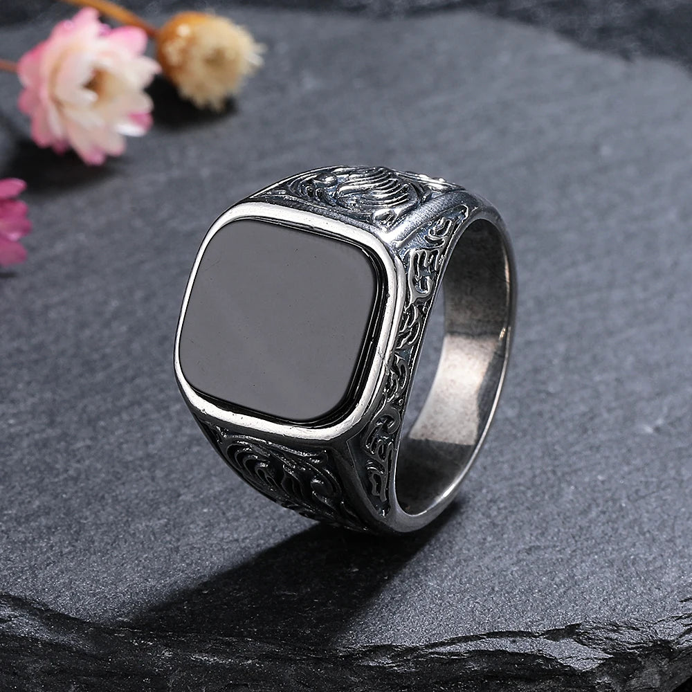 Men‘s Black Onyx Ring, 12x14mm Square Gem Carved Vintage Sterling Silver Band, Bold Gothic Statement Jewelry Gift for Him