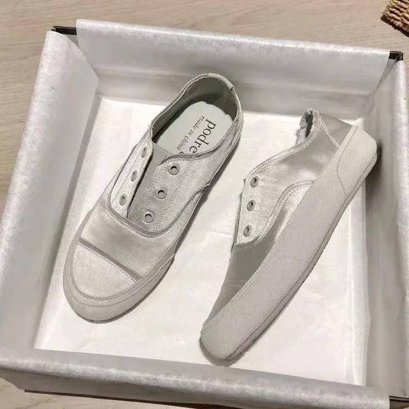 Slip-on White Sneakers for Women, Satin, Niche Design, High-end Feel, 2026 Spring New Flat Casual Sports Shoes