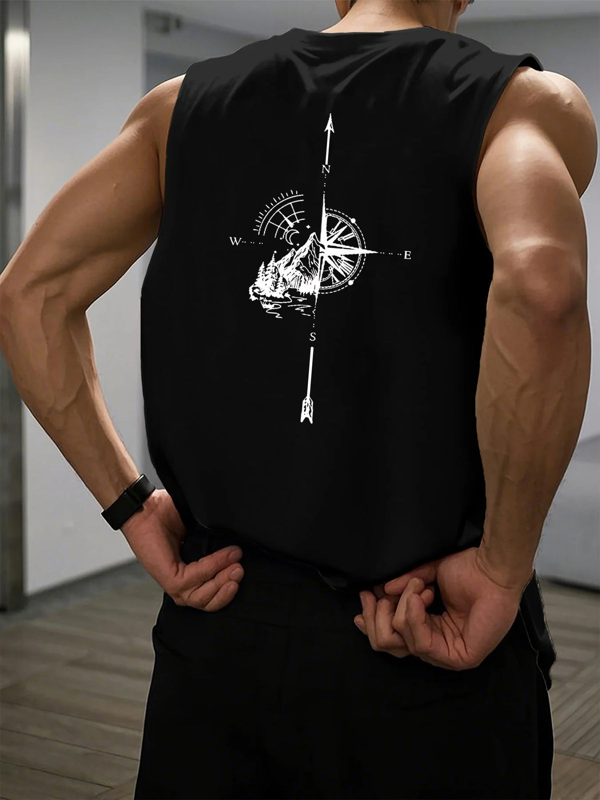 Men's summer casual sports fitness loose mountain and compass print comfortable breathable round neck sleeveless vest