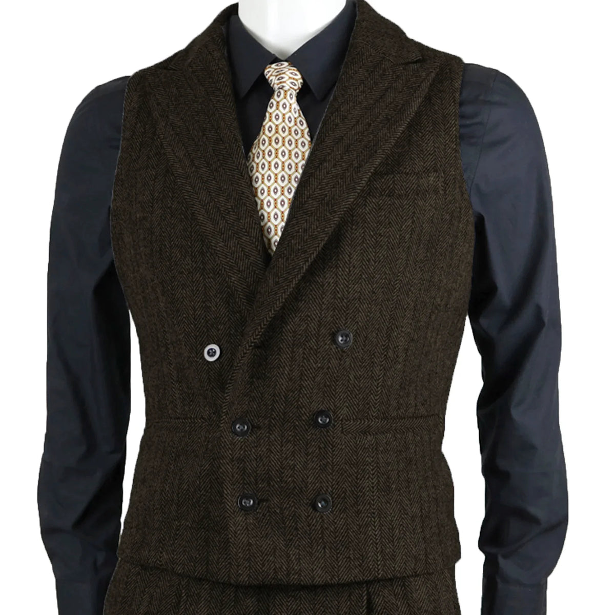 Men Suit Vest Brown Herringbone Tweed Slim Fit Waistcoat Double Breasted Sleeveless Jacket For Wedding Party Prom Suit Vests