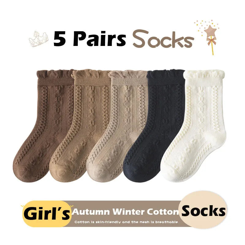 5 Pairs Girls Socks Spring Autumn Ruffle Socks Cotton Socks Kids Lolita Fancy Socks Twist Pattern