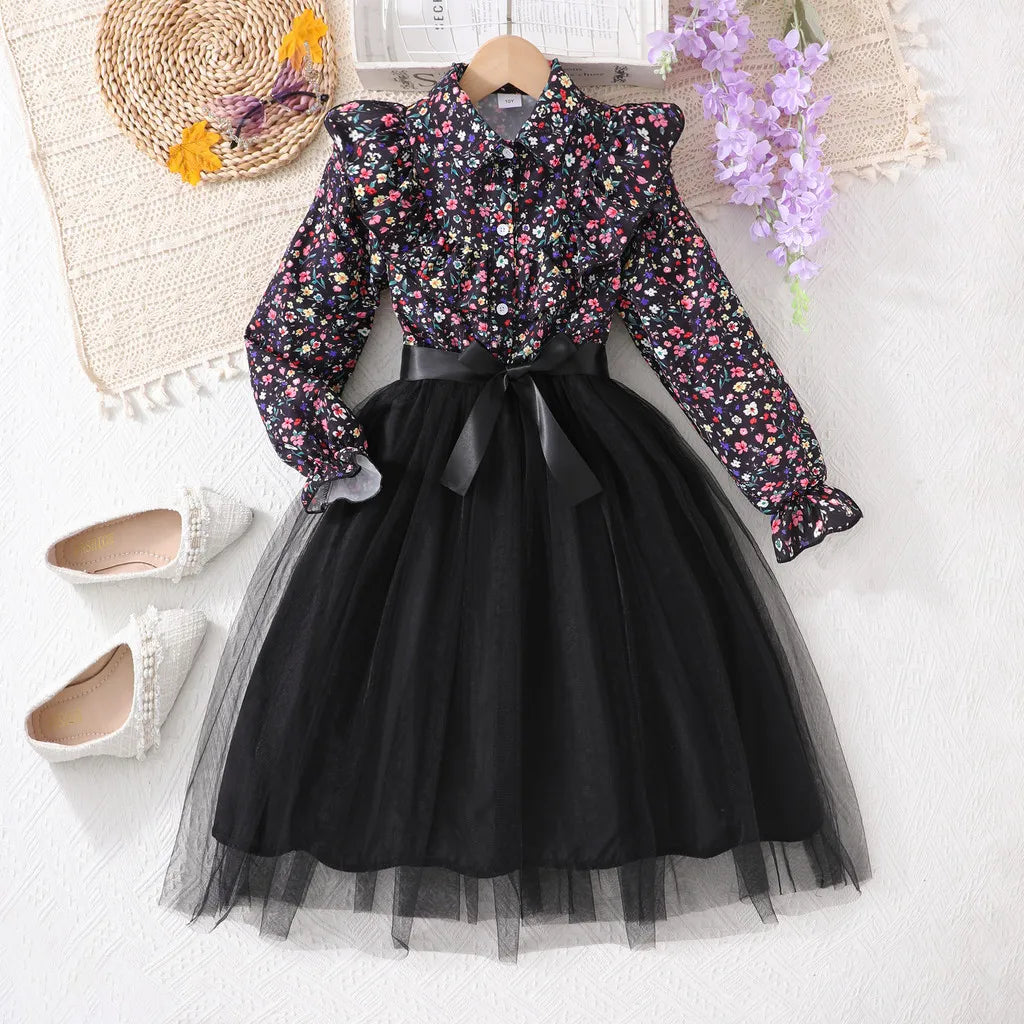 Kids Girl Black Dress Summer Long Sleeve Floral Gauze Belt Children Dress Casual Elegant Teen Princess Dress 7 8 9 10 11 12 Yrs