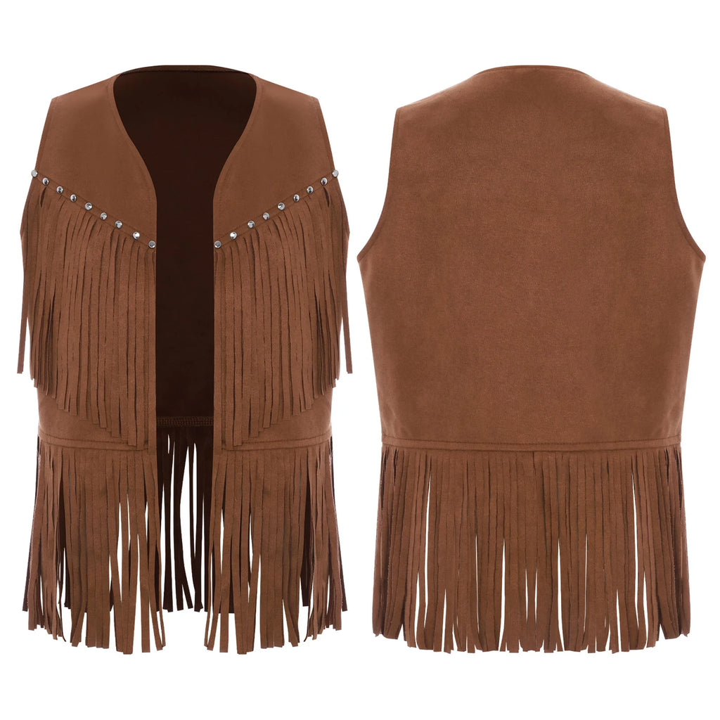 Kids Girls Boys Tassel Fringed Vest Open Front Waistcoat Jackets Child Halloween Western Cowboy Costumes Cowgirl Fancy Dres Up