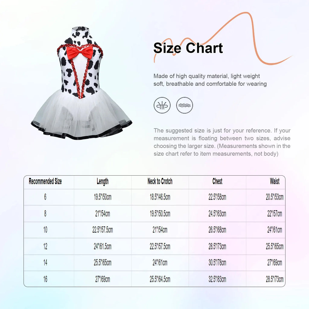 Dalmatian Costume for Kids Girls Sleeveless Sequin Bowknot Mesh Puffy Dress Halloween Black Spotted Ballet Leotard Dress Cosplay