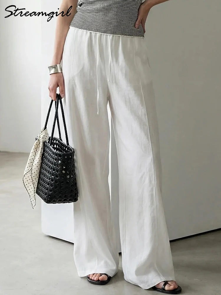 Cotton Summer Pants For Women Wide Leg Blue Trousers With Elastic Band Straight Leg Bottoms White Women's Pants Summer Loose