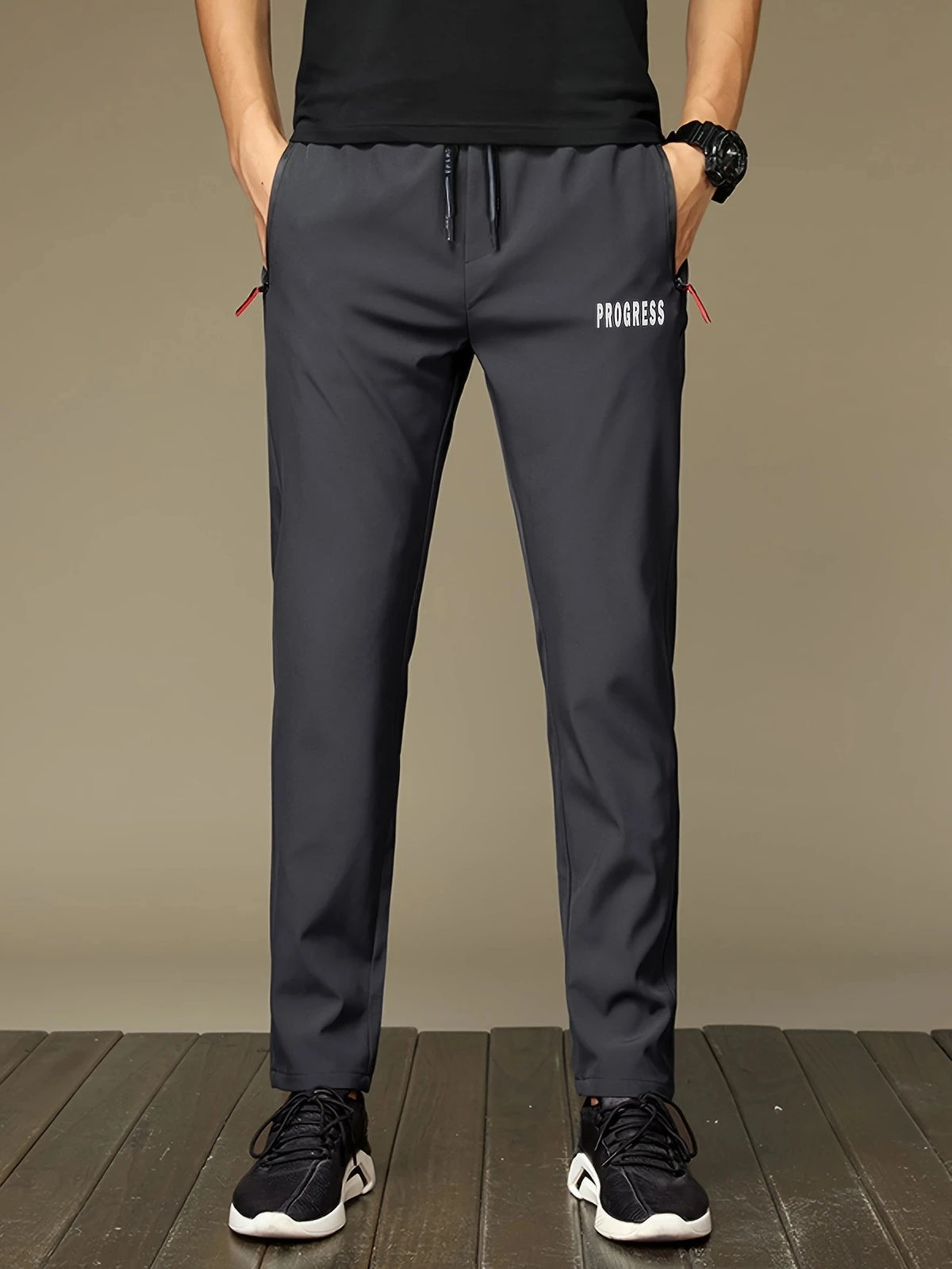 PROGRESS Printed Men's Casual Straight Pants Stretch Elastic Waist Jogger Korean Classic Blue Black Gray Male Brand Trousers