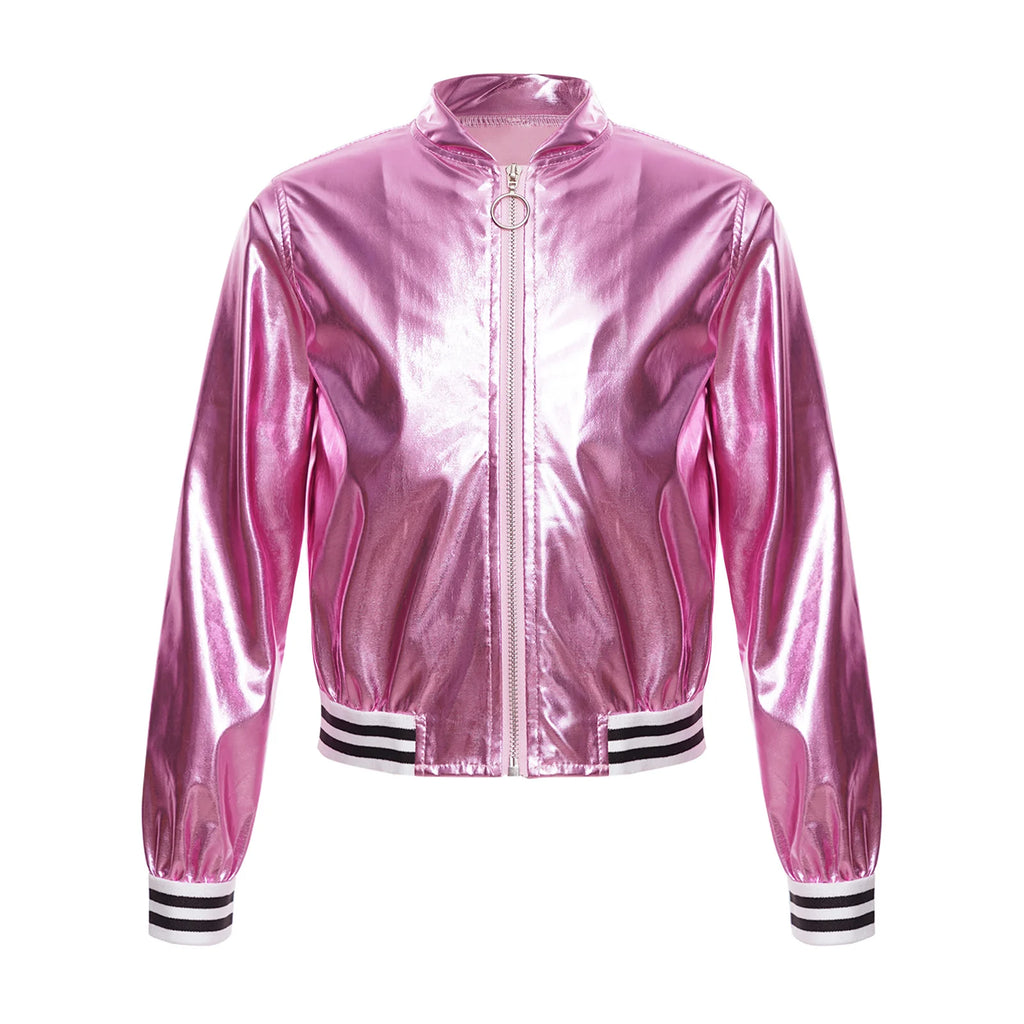 Kids Girls Boys Shiny Metallic Baseball Jacket Long Sleeve Casual Sports Bomber Jackets Jazz Hip-hop Street Dance Coats Outwear