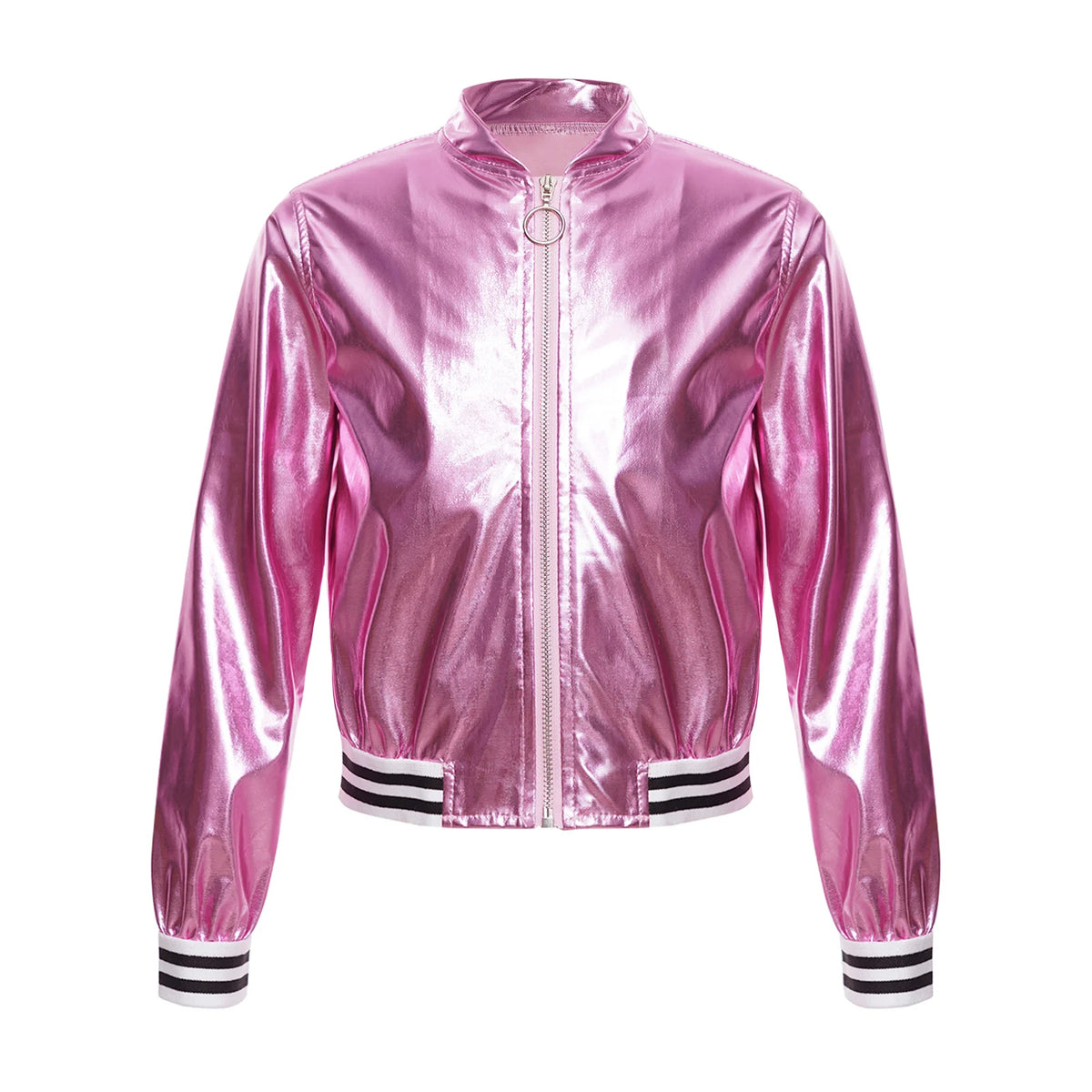 Kids Girls Boys Shiny Metallic Baseball Jacket Long Sleeve Casual Sports Bomber Jackets Jazz Hip-hop Street Dance Coats Outwear