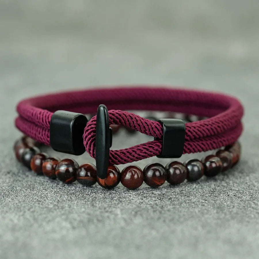 Classic 2Pcs Rope and Beaded Bracelet for Men Handmade Easy Hook Rope Natural Malachite Casual Nautical Jewelry Set Pulseria