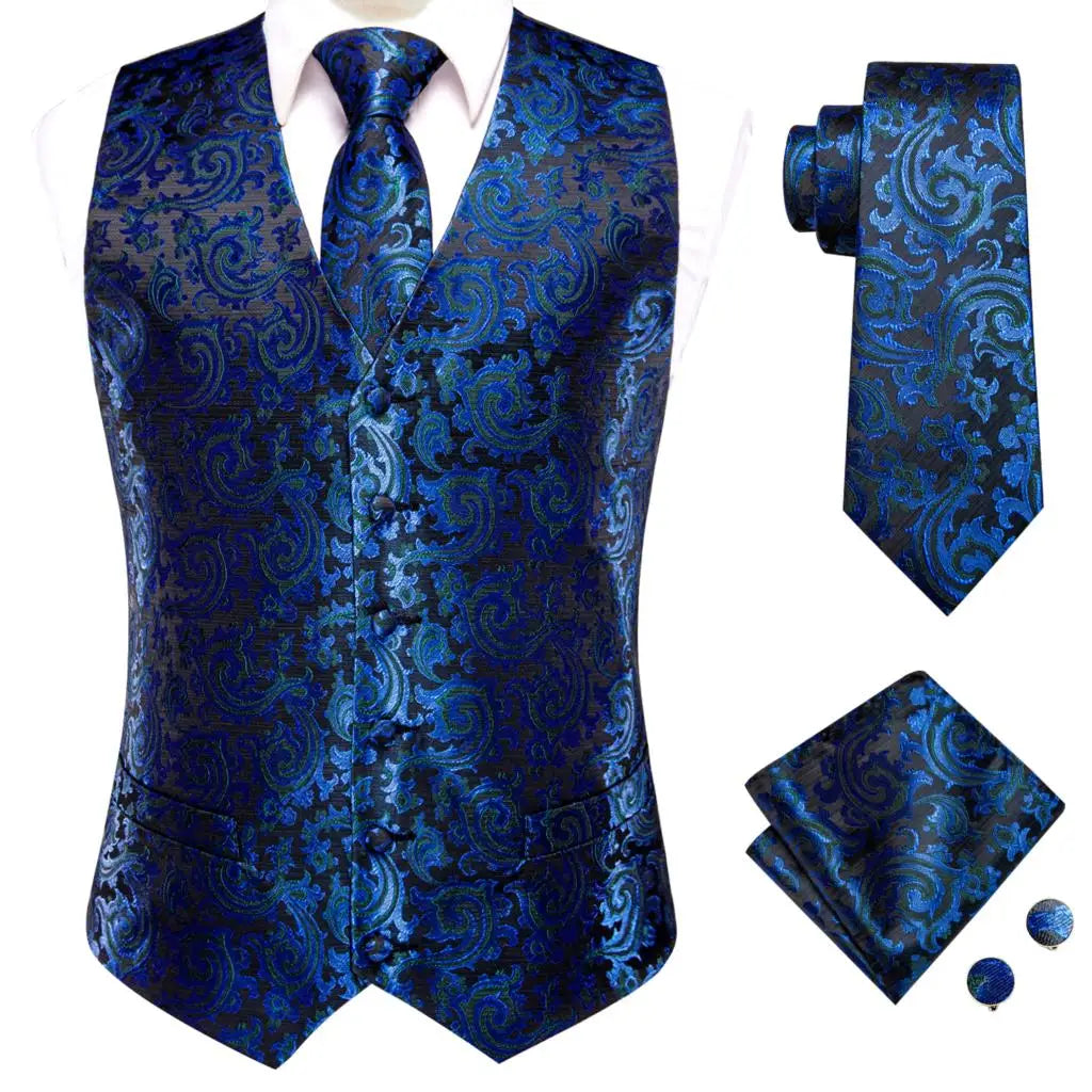 Hi-Tie Navy Paisley Dress Vest Set For Men Dark Blue Jacquard Men's Suit Vest Male Waistcoat For Wedding Formal Jacket