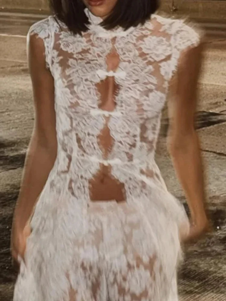 White Lace Embroidery Pant Suit Women Stand Neck Sleeveless Hollow-out Waist Cinching See Through Set Lady Summer Sheer Outfit