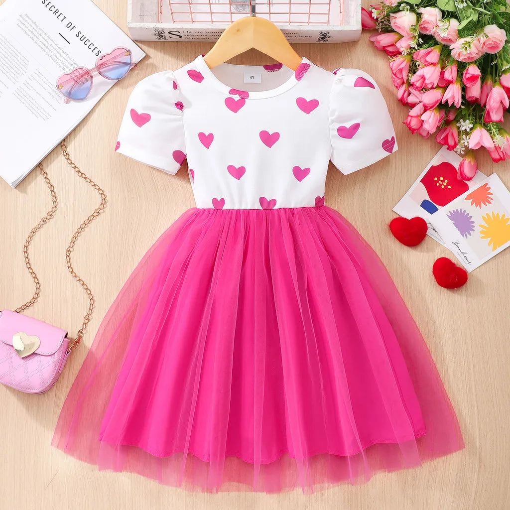 Pink Kids Girl Dress Summer Love Cute Sweet Mesh Toddler Dresses Casual Birthday Party Children Princess Dress 2 3 4 5 6 7 Yrs