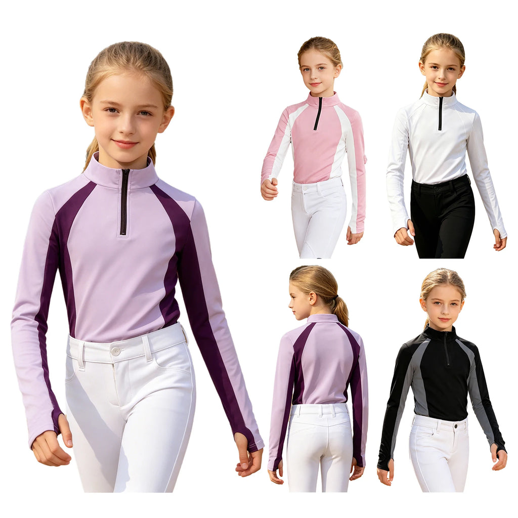 Kids Girls Horse Riding Shirts Top Equestrian Clothing Long Sleeve Half Zip Quick Dry Shirt Tops Horsemanship Golf Sportswear