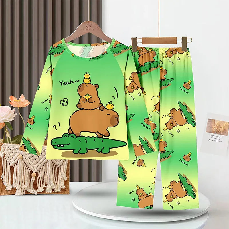Capibara Kids Pajama Sets Long Sleeve Loungewear with Cute Animal Print Soft Sleepwear for Boys Girls Cartoon Sleepwear Outfit