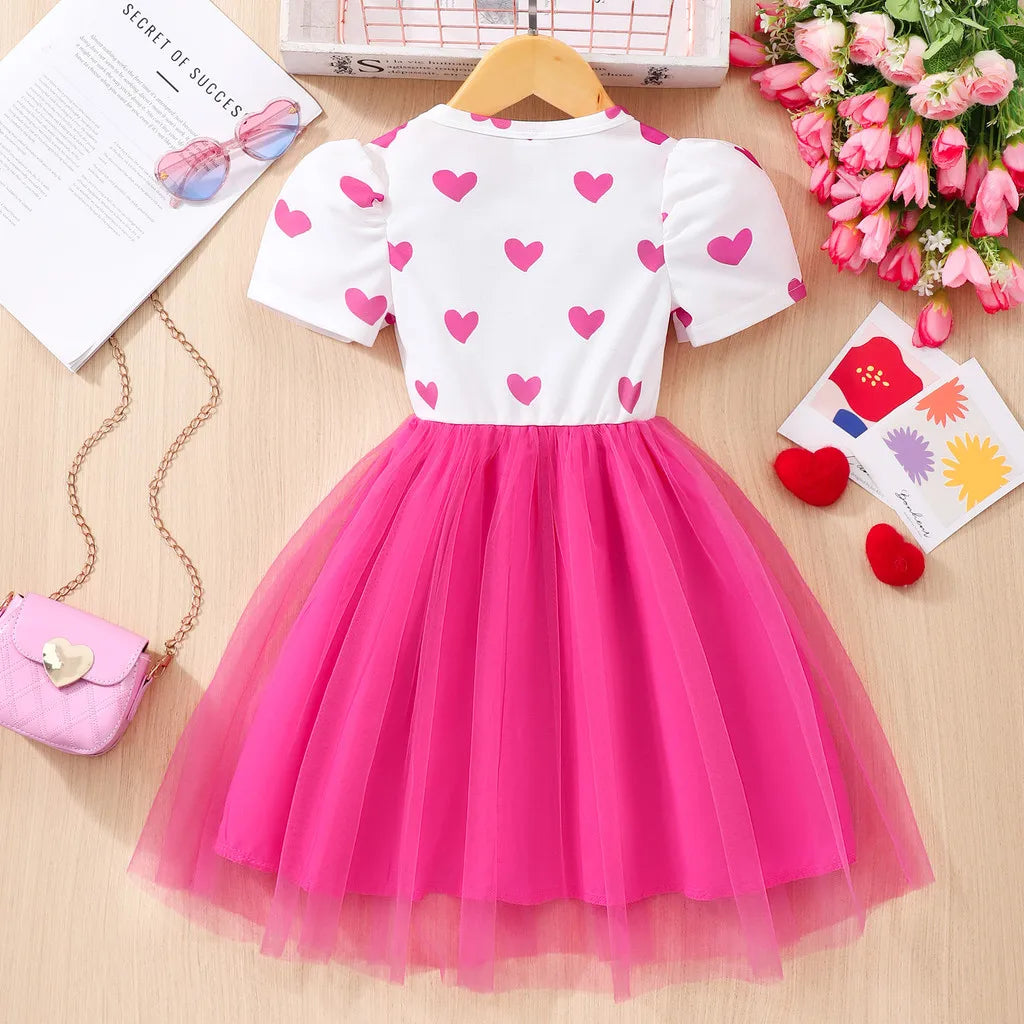 Pink Kids Girl Dress Summer Love Cute Sweet Mesh Toddler Dresses Casual Birthday Party Children Princess Dress 2 3 4 5 6 7 Yrs