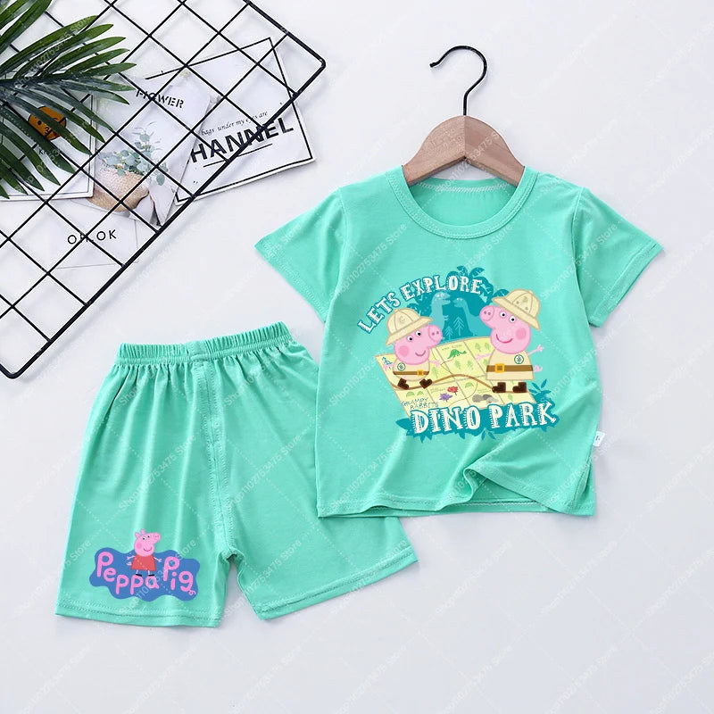 Children Anime Cute Pajama Set Cartoon Peppa Pigs Casual Pajamas Summer Clothing Nightwear Homewear Short Sleeve Loungewear Gift