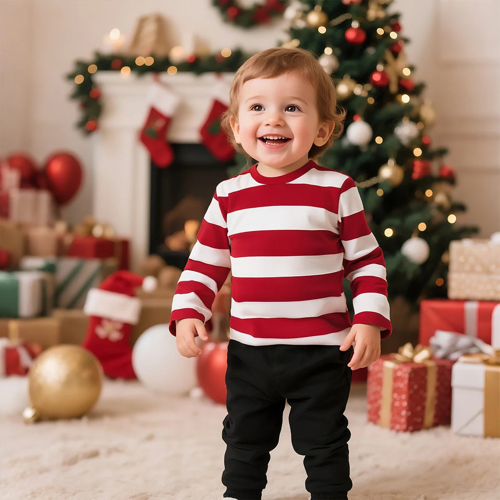 Kids Red and White Striped Shirts Boys Girls Halloween Cosplay Costumes Toddler Christmas Long Sleeve Casual Cotton T Shirts