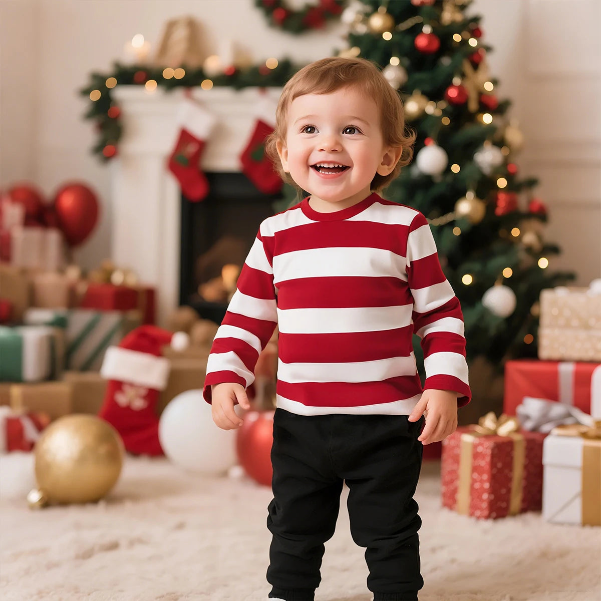 Kids Red and White Striped Shirts Boys Girls Halloween Cosplay Costumes Toddler Christmas Long Sleeve Casual Cotton T Shirts