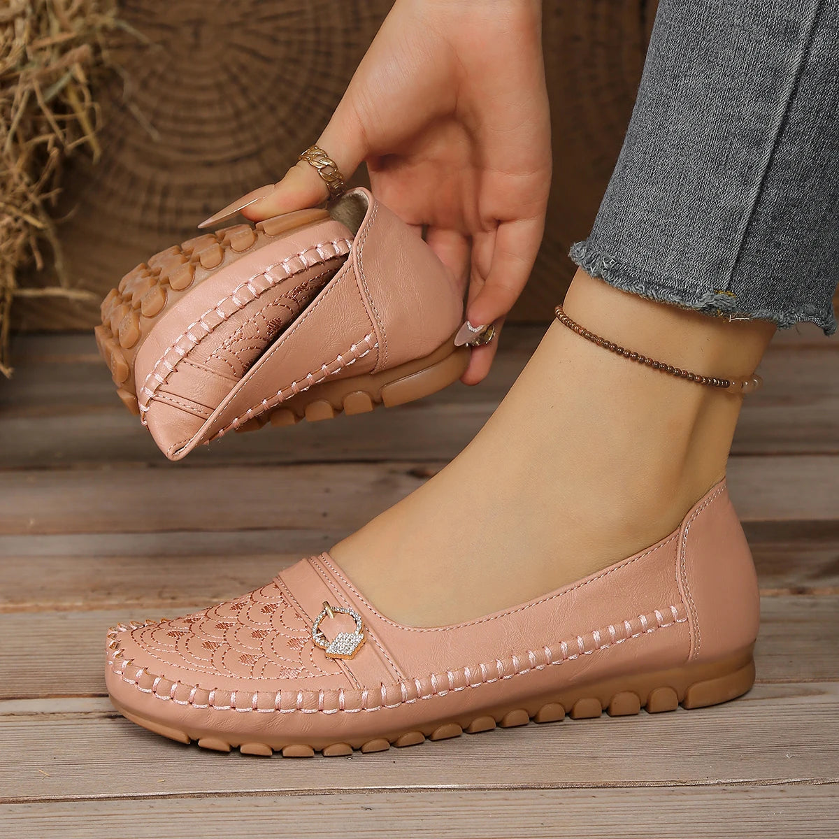 goreyodoly Women Comfortable Slip-On Loafers, Lightweight Breathable Wide Fit Flats with Embroidery & Rhinestone Buckle