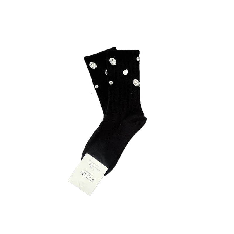 Women's Socks Korean Retro Cool Sweet Rhinestone Simple Versatile Shiny Comfortable High-quality Cotton Socks For Girl Wholesale