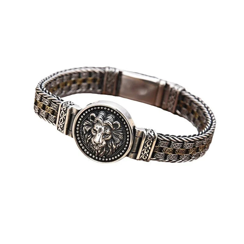 Men Vintage Two‑Tone Lion Head Bracelet Retro Embossed Medallion Braided Chain Punk Ethnic Statement Wrist Jewelry Gift