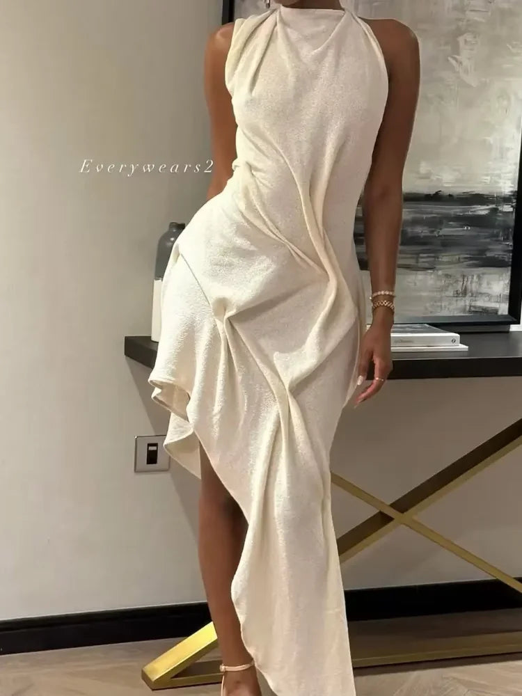 Woman Burgundy Asymmetrical Ruched Mini Dress Elegant Sleeveless Halter Neck Robe Fashion 2026 Lady Summer Evening Party Dresses