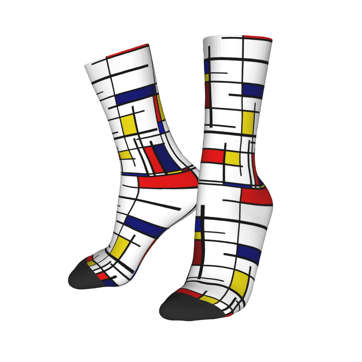 Custom Color Art Retro Mondrian Men Women Crew Socks Unisex Fashion 3D Printed Abstract Art Plaid Dress Socks