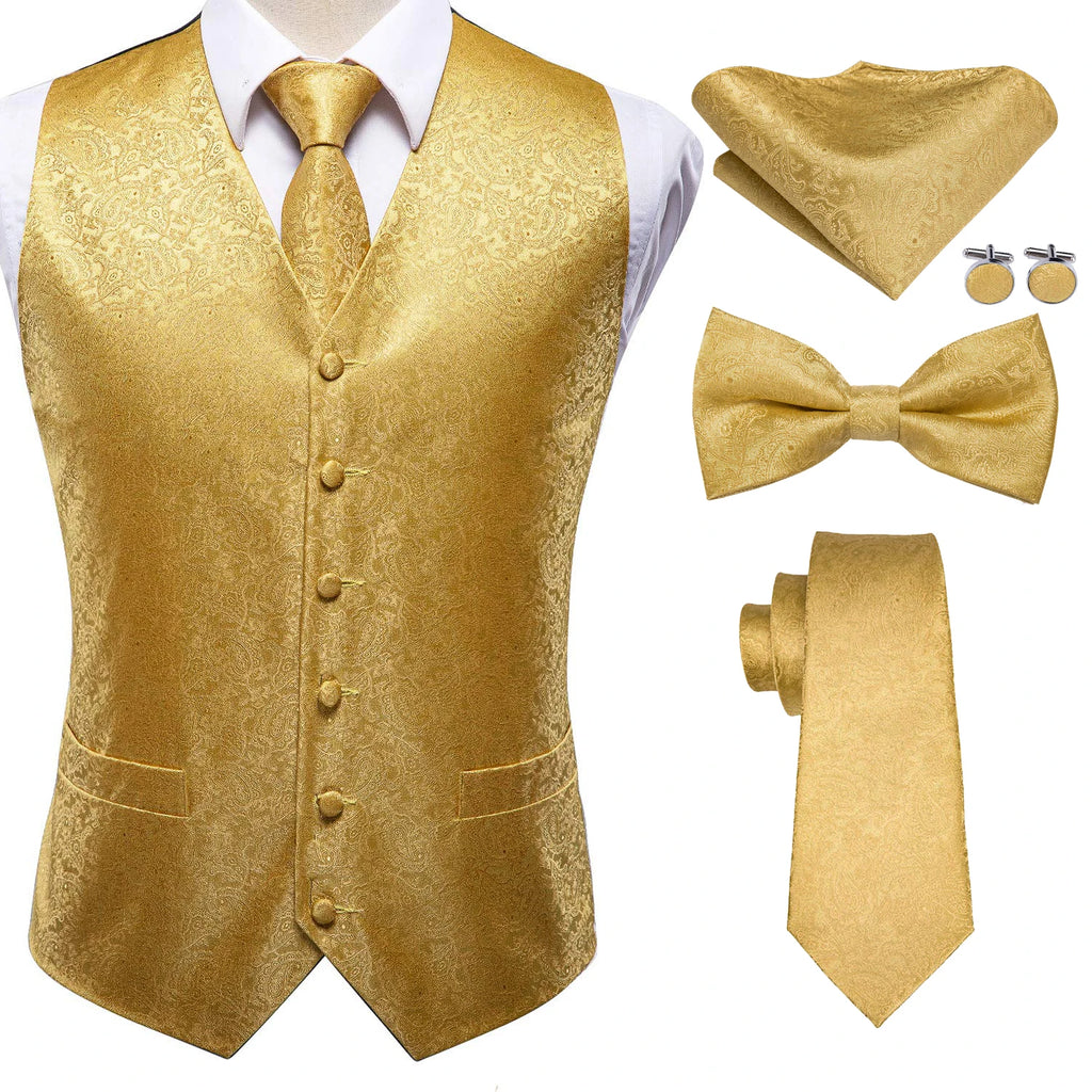 Luxury Gold Mens Suit Vest Red Blue Green Yellow Red Waistcoat Tie Bowtie Hanky Cufflinks Set Male Waist Jacket Wedding Office