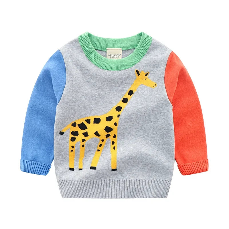 New 2023 Kids Children Pullover Sweater Autumn Winter Boys Cute Cartoon Jacquard O-neck Knitted Jumper Sweaters Tops Clothing