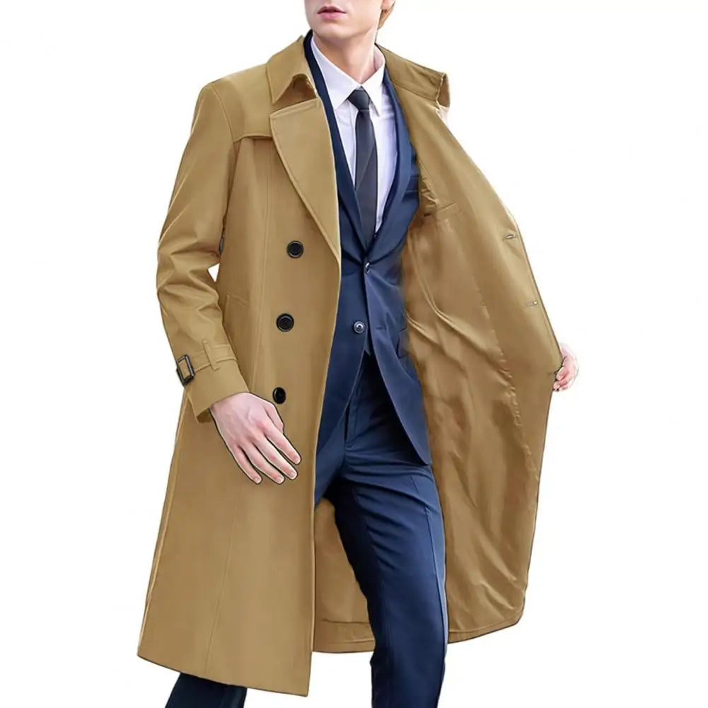 Men Windbreaker Coat Lapel Long Sleeve Double Breasted Mid-Length Trench Solid Color Casual Business Outerwear
