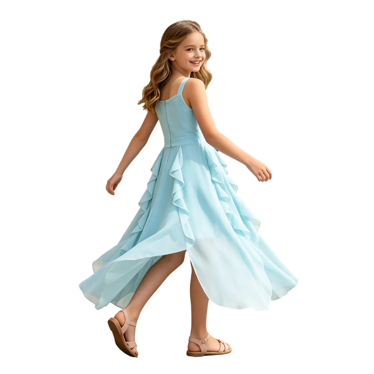Kids Girls Elegant Chiffon Party Dress Gown Embroidery Applique Ruffled Flowy Sling Dress for Pageant Birthday Wedding Evening