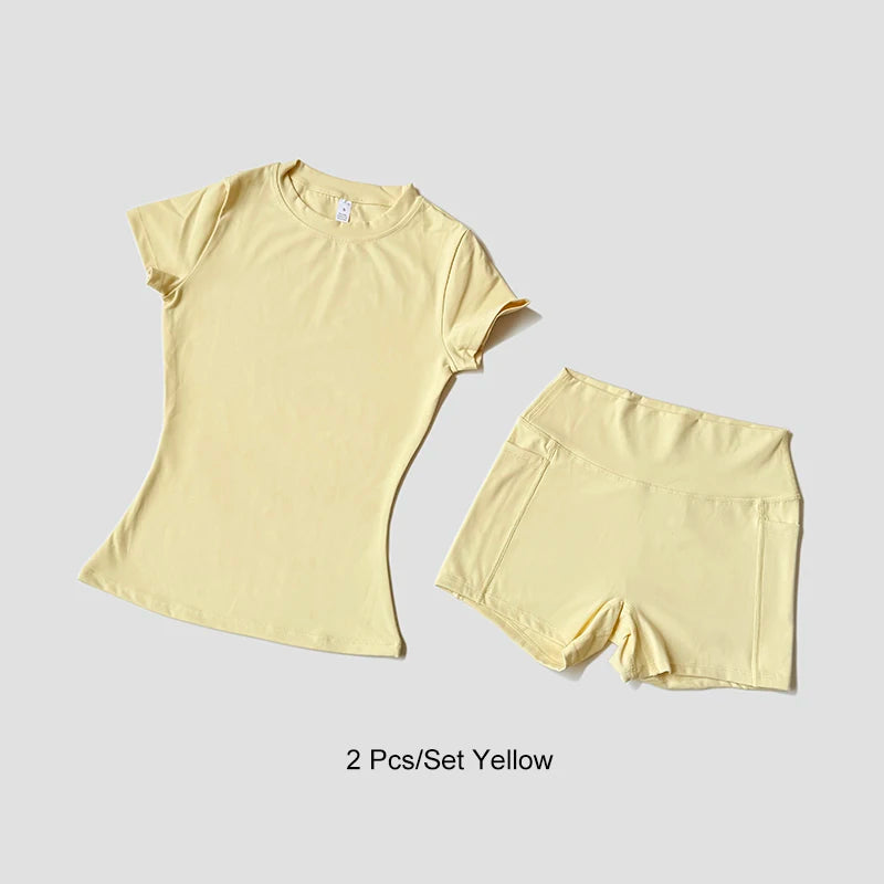 Women's Sports Yoga Set Seamless Knitted Fitness Gym Clothes Sportswear Short Sleeve Crop Top Tracksuits Gym Short Leggings