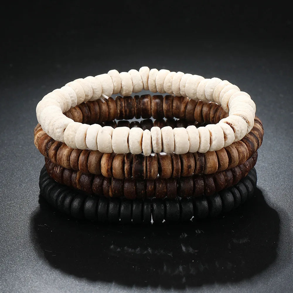 Wooden Bracelets For Men Beaded Multilayer Wooden Bead Jewelry Irregular Coconut Shell Handmade Elastic Bracelet Jewelry