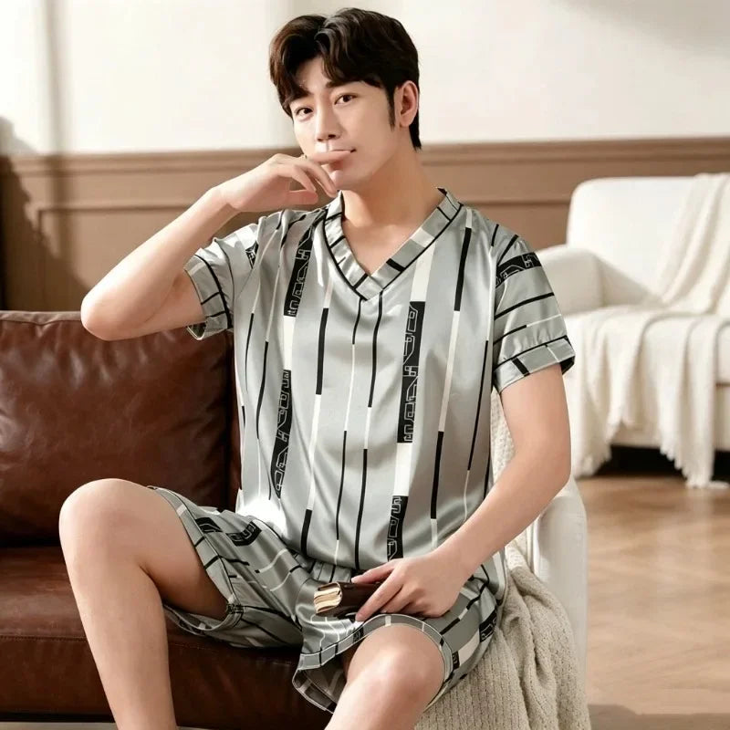 Plus Size Men's Pajamas Set Summer New Fashion Print Men's Sleepwear V-Neck Short Sleeve Shorts Homewear 2026 Casual Cool