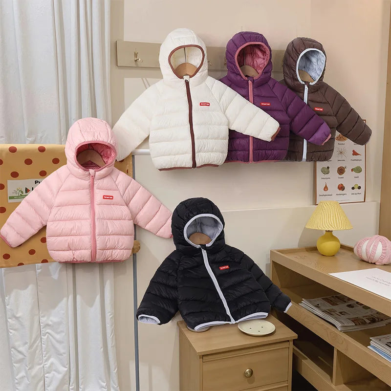 Children's Jacket Boys Girls Korean Autumn Winter Solid Color Hooded lightweight and Warm Autumn Winter Windproof Cotton Jacket