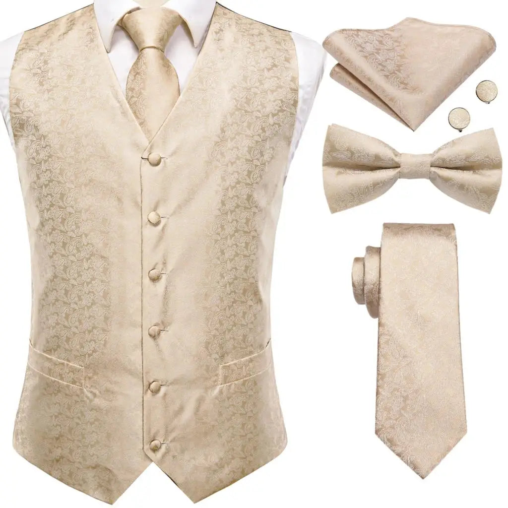 Luxury Gold Mens Suit Vest Red Blue Green Yellow Red Waistcoat Tie Bowtie Hanky Cufflinks Set Male Waist Jacket Wedding Office