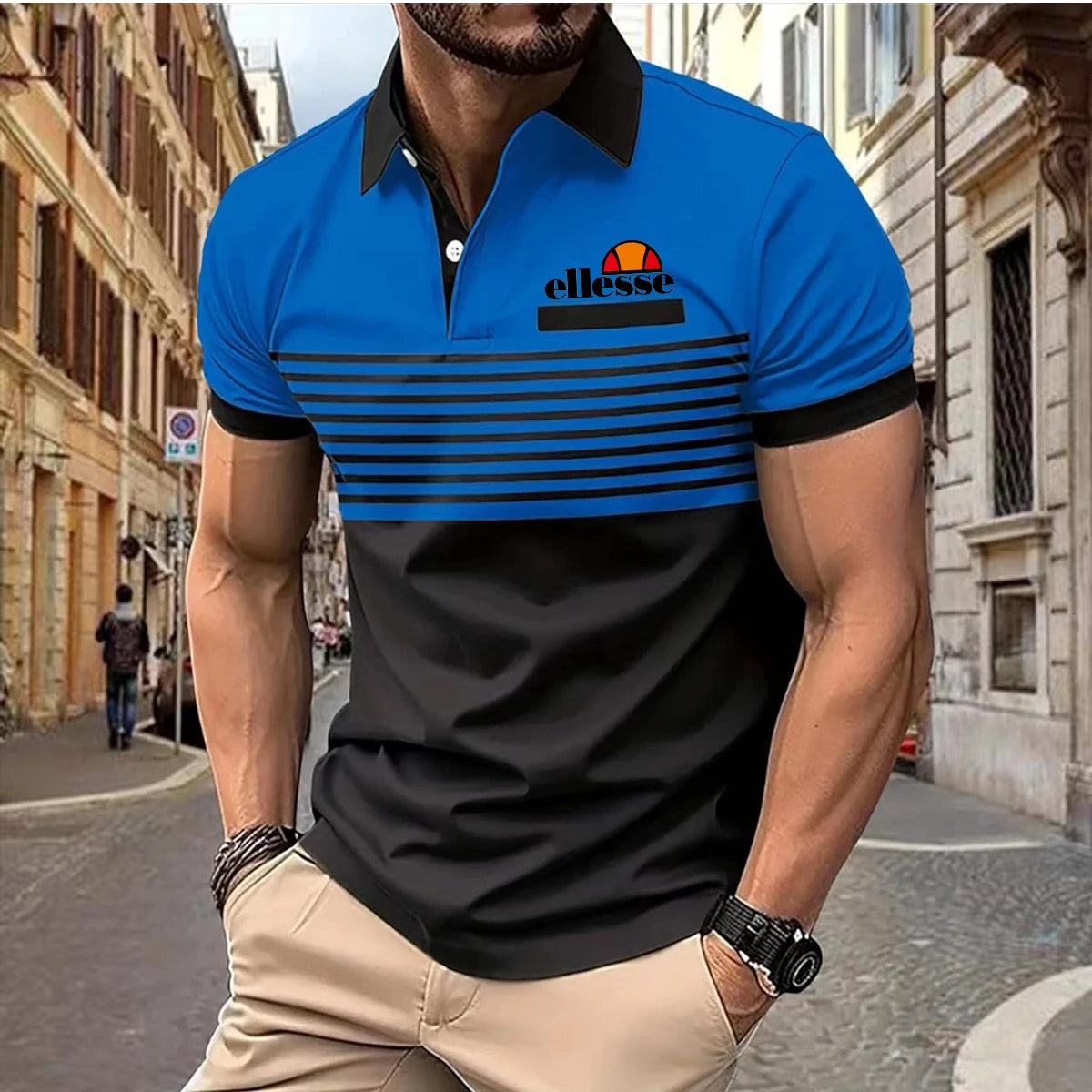 Premium Men's ellesse Polo Shirt: Skin-Friendly Material, Contrast Collar & Cuffs, Horizontal Stripes with Classic ellesse Logo