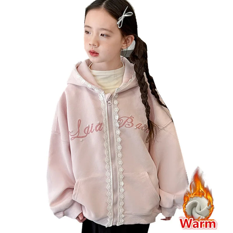 Kids Winter Warm Hooded Jacket Coat With Lace For Girls Zipper Insulated Sweatshirt Jacket Outfit Child Fleece Lined Outerwear