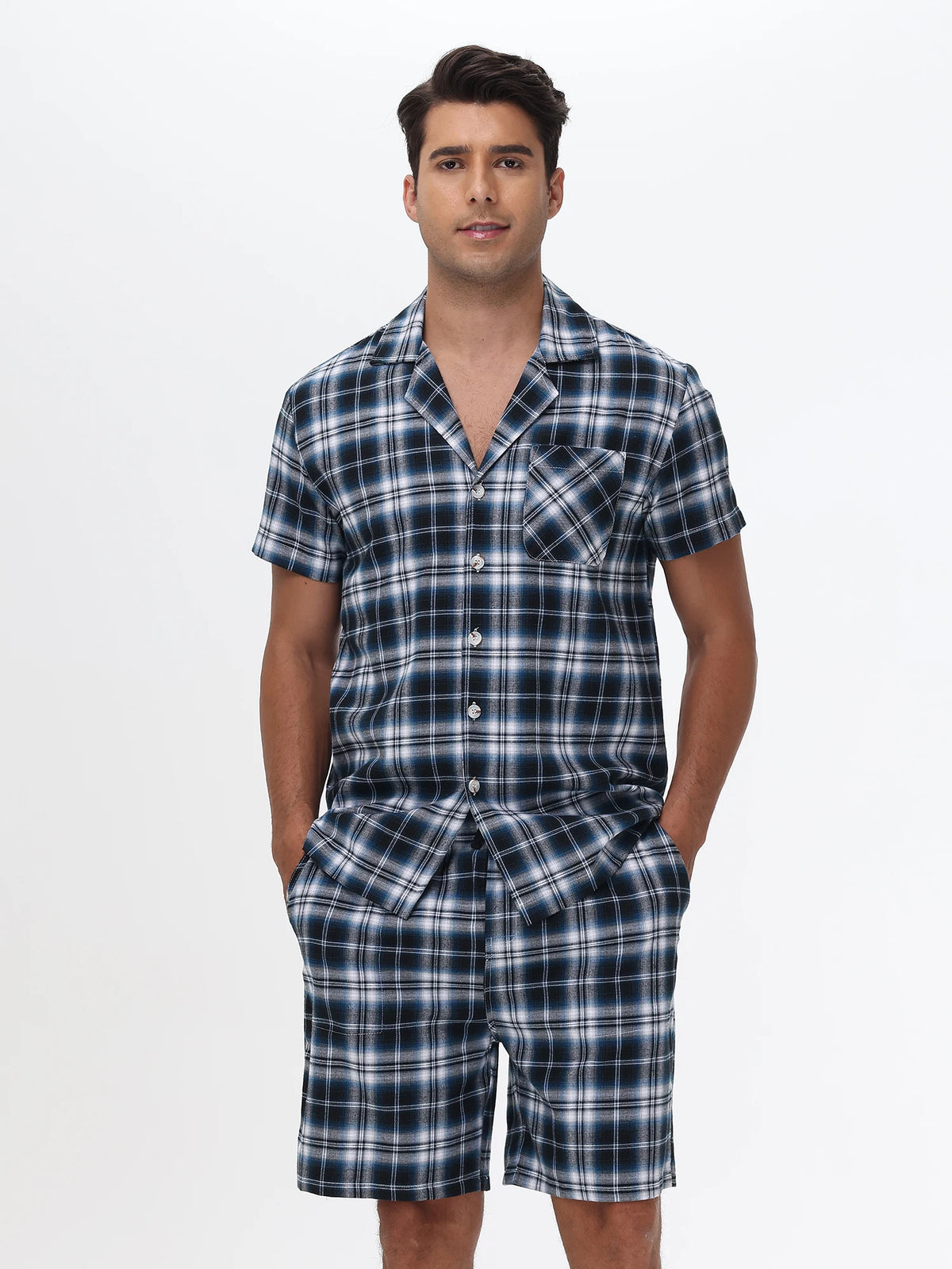 Men Summer Short Pajama Set, 2Pcs 100% Cotton Breathable Crop Pajama Short Sets Bottoms & Tops Cozy Suit for Home Outdoor