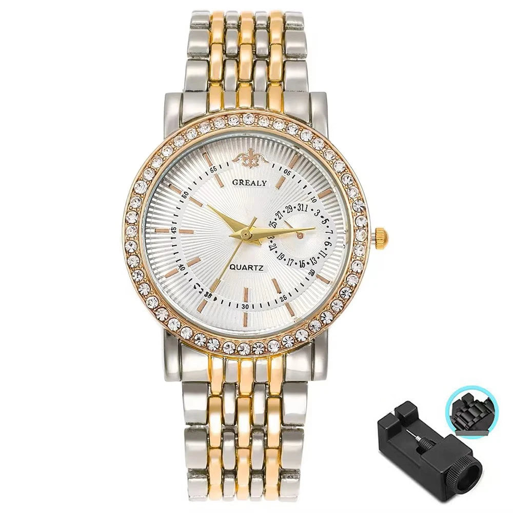 Elegant Women's Two Tone Crystal Watch Stainless Steel Band Quartz Wristwatch Ladies Dress Watches