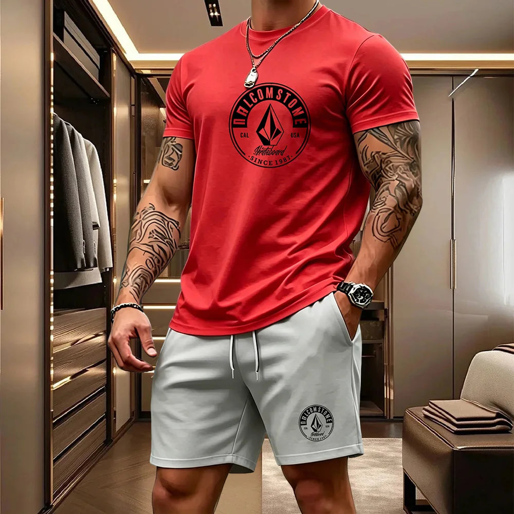 Men's Casual Sportswear 2-piece Set Classic Short Sleeved T-shirt+drawstring Pocket Shorts Street Skateboarding Outdoor Outfit