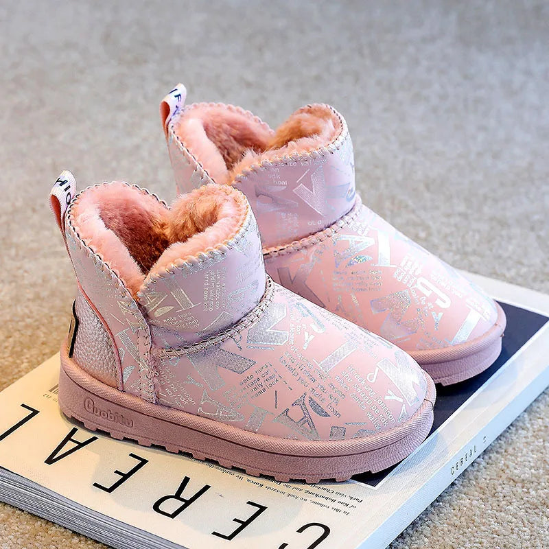Children's Waterproof Non-slip Leather Boots Stylish and Shiny Kids Winter Fur Warm Shoes Girls' Plush and Thickened Snow Boots
