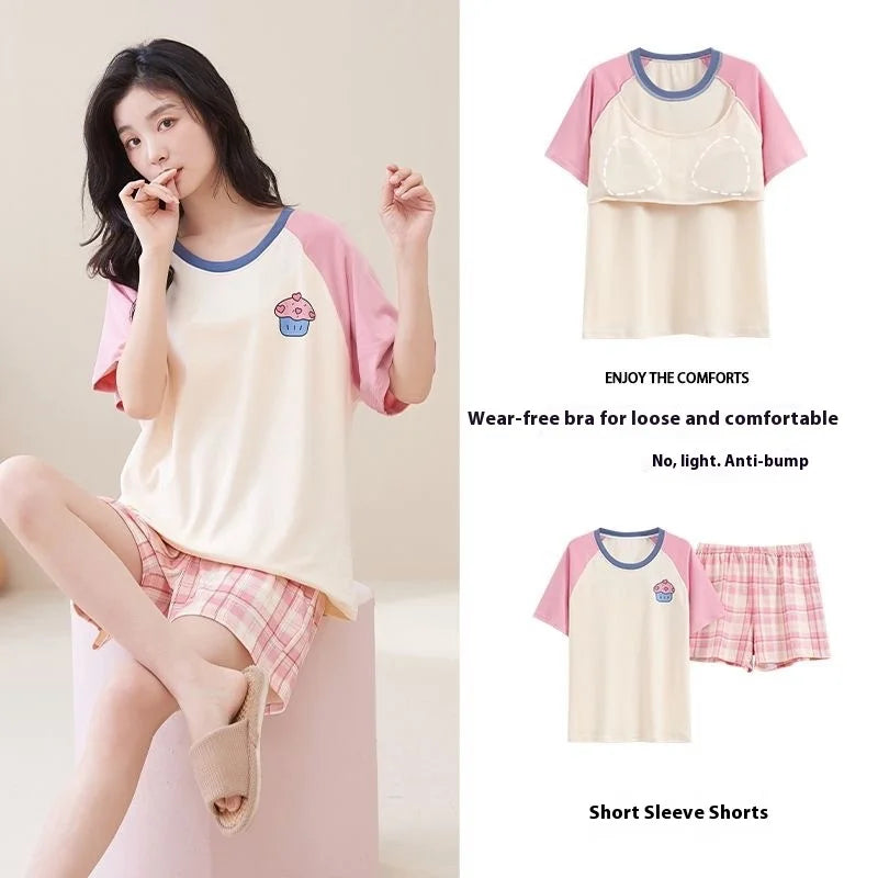 Pajamas Female Summer Short-Sleeved Set of Sweet with Chest Cushion Korean Version of the Cartoon Students Homewear Sleepwear